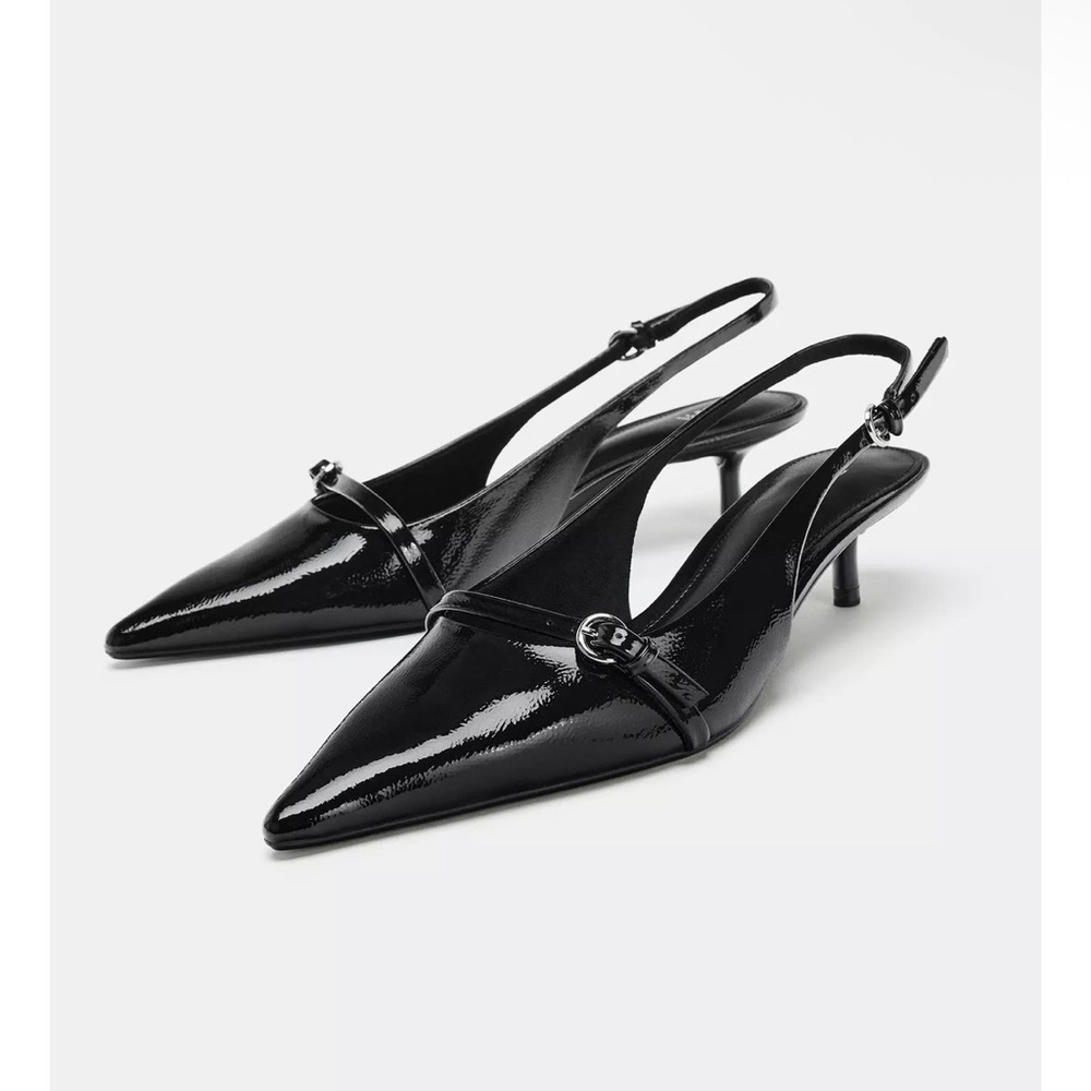 Zara: patent finish kitten heel slingback